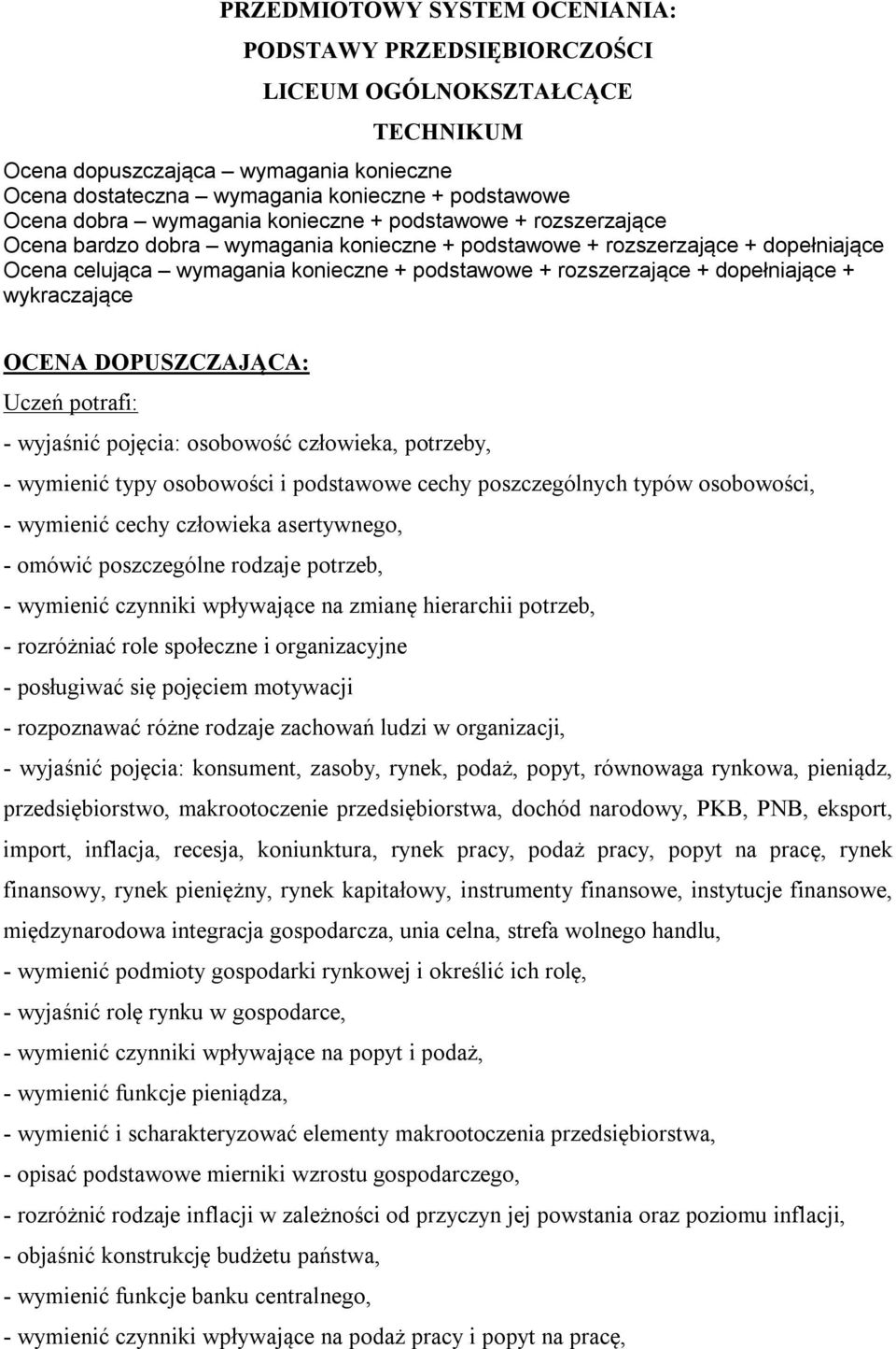 dopełniające + wykraczające OCENA DOPUSZCZAJĄCA: Uczeń potrafi: - wyjaśnić pojęcia: osobowość człowieka, potrzeby, - wymienić typy osobowości i podstawowe cechy poszczególnych typów osobowości, -