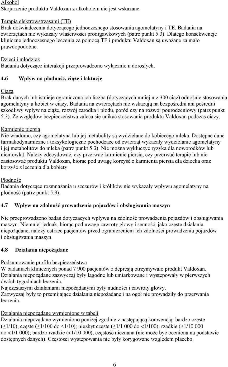 Dlatego konsekwencje kliniczne jednoczesnego leczenia za pomocą TE i produktu Valdoxan są uważane za mało prawdopodobne.