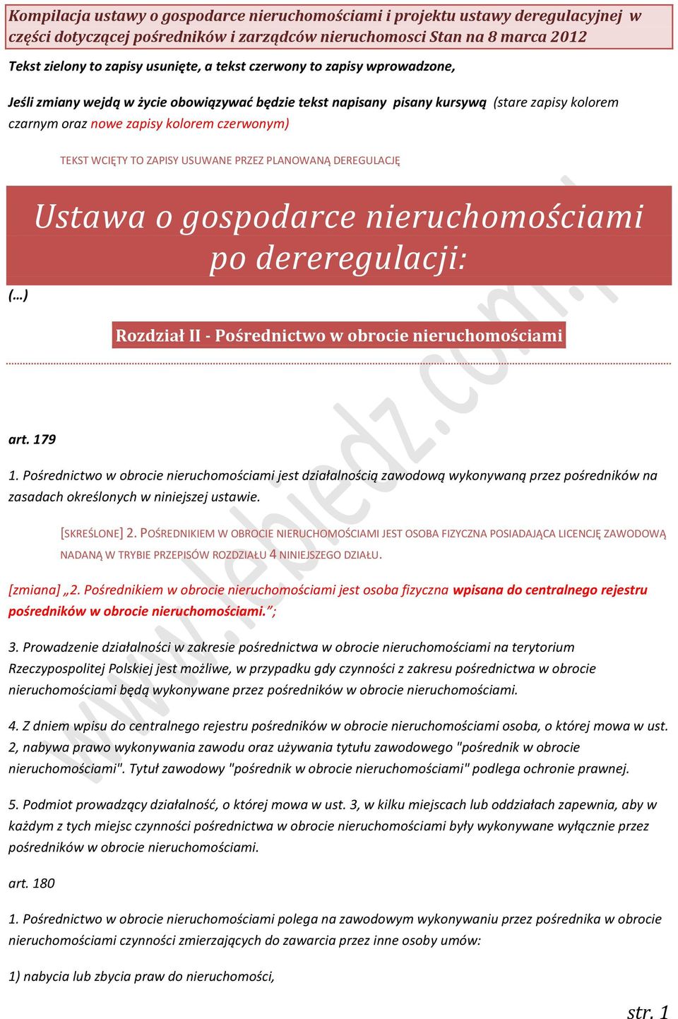 ZAPISY USUWANE PRZEZ PLANOWANĄ DEREGULACJĘ ( ) Ustawa o gospodarce nieruchomościami po dereregulacji: Rozdział II - Pośrednictwo w obrocie nieruchomościami art. 179 1.