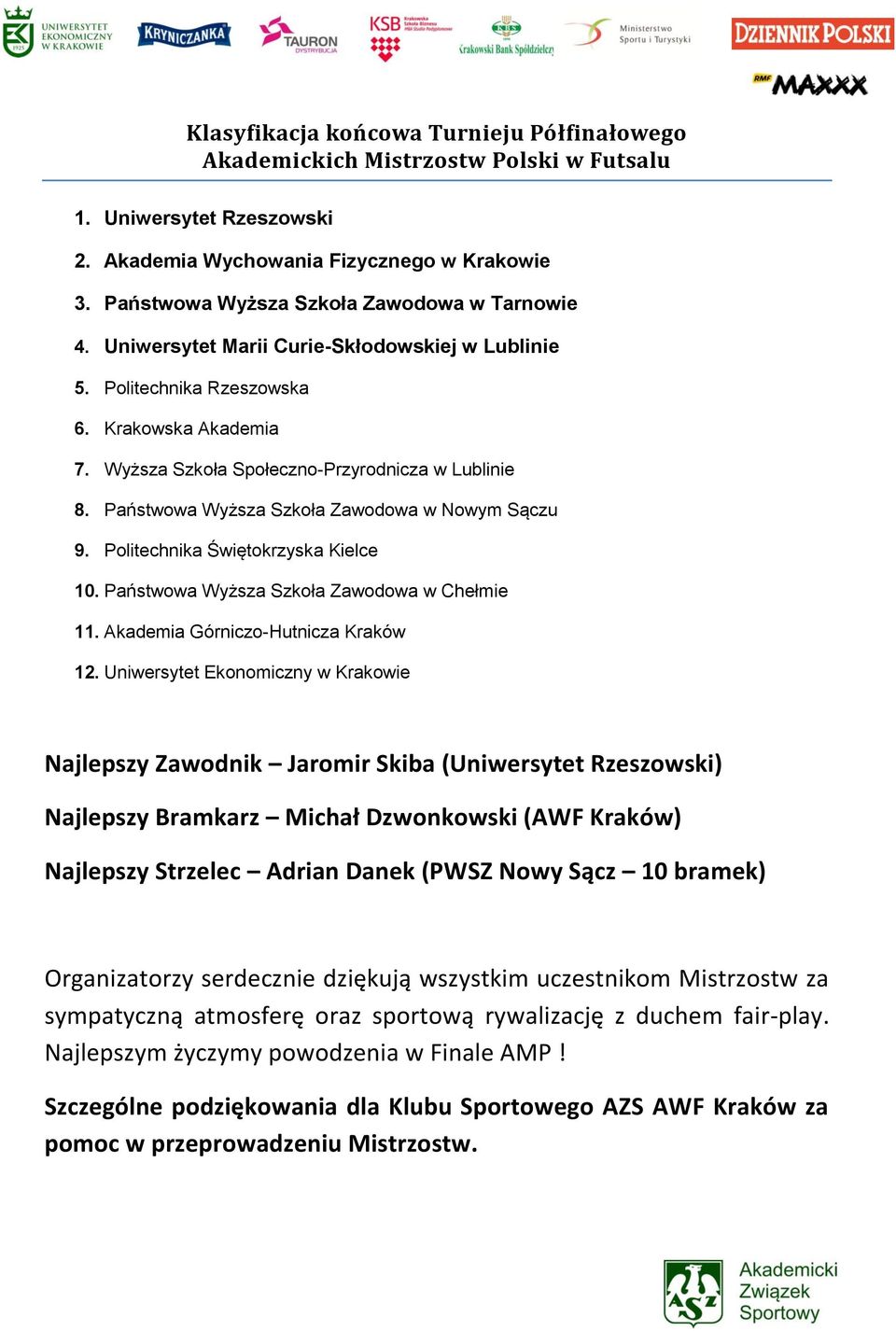 Państwowa Wyższa Szkoła Zawodowa w Nowym Sączu 9. Politechnika Świętokrzyska Kielce 10. Państwowa Wyższa Szkoła Zawodowa w Chełmie 11. Akademia Górniczo-Hutnicza Kraków 12.