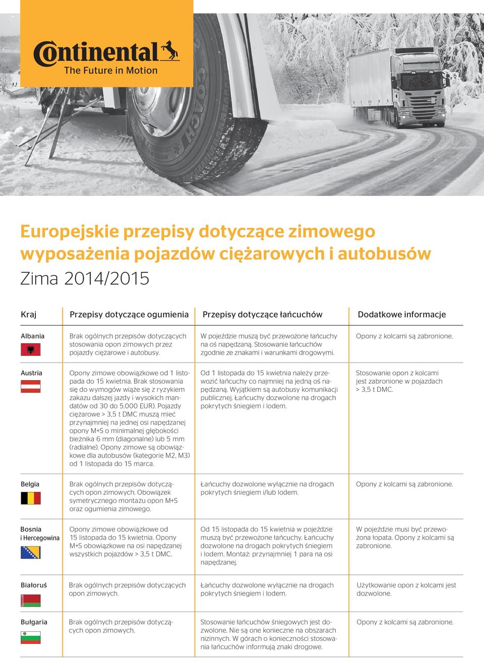 Pojazdy ciężarowe > 3,5 t DMC muszą mieć przynajmniej na jednej osi napędzanej opony M+S o minimalnej głębokości bieżnika 6 mm (diagonalne) lub 5 mm (radialne).