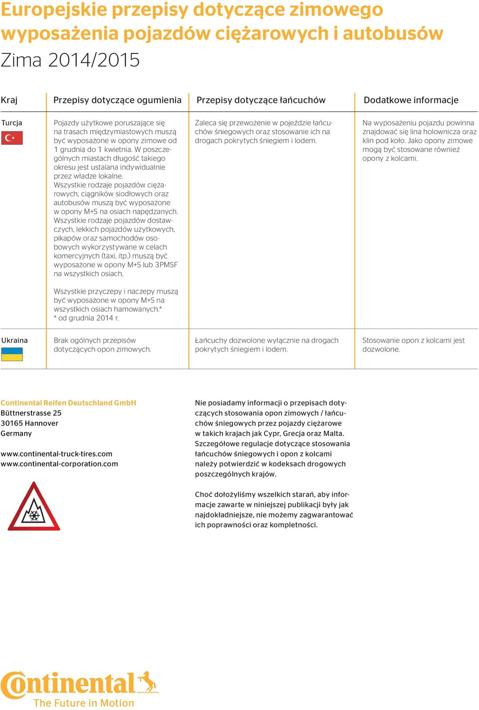 Wszystkie rodzaje pojazdów ciężarowych, ciągników siodłowych oraz autobusów muszą być wyposażone w opony M+S na osiach napędzanych.
