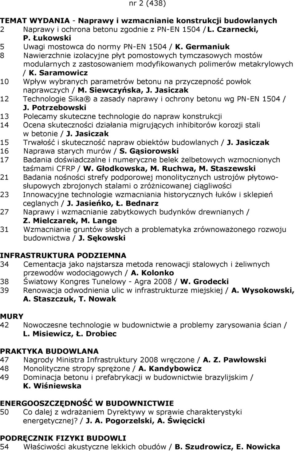 Saramowicz 10 Wpływ wybranych parametrów betonu na przyczepność powłok naprawczych / M. Siewczyńska, J. Jasiczak 12 Technologie Sika a zasady naprawy i ochrony betonu wg PN-EN 1504 / J.