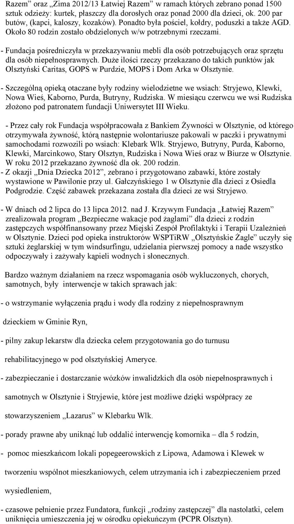 - Fundacja pośredniczyła w przekazywaniu mebli dla osób potrzebujących oraz sprzętu dla osób niepełnosprawnych.