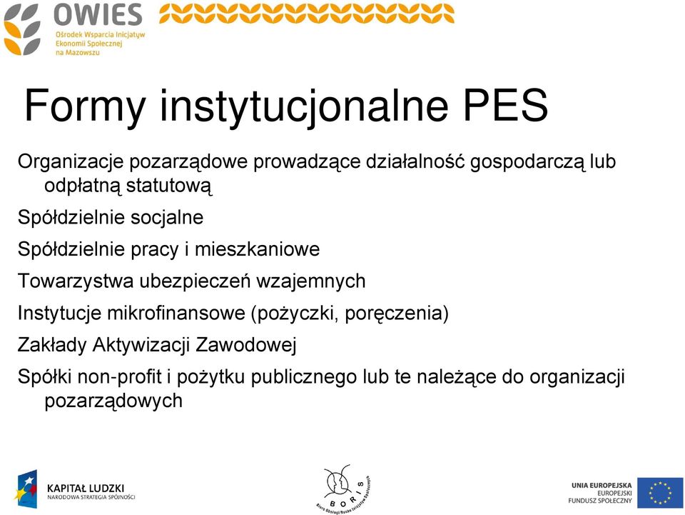 ubezpieczeń wzajemnych Instytucje mikrofinansowe (pożyczki, poręczenia) Zakłady