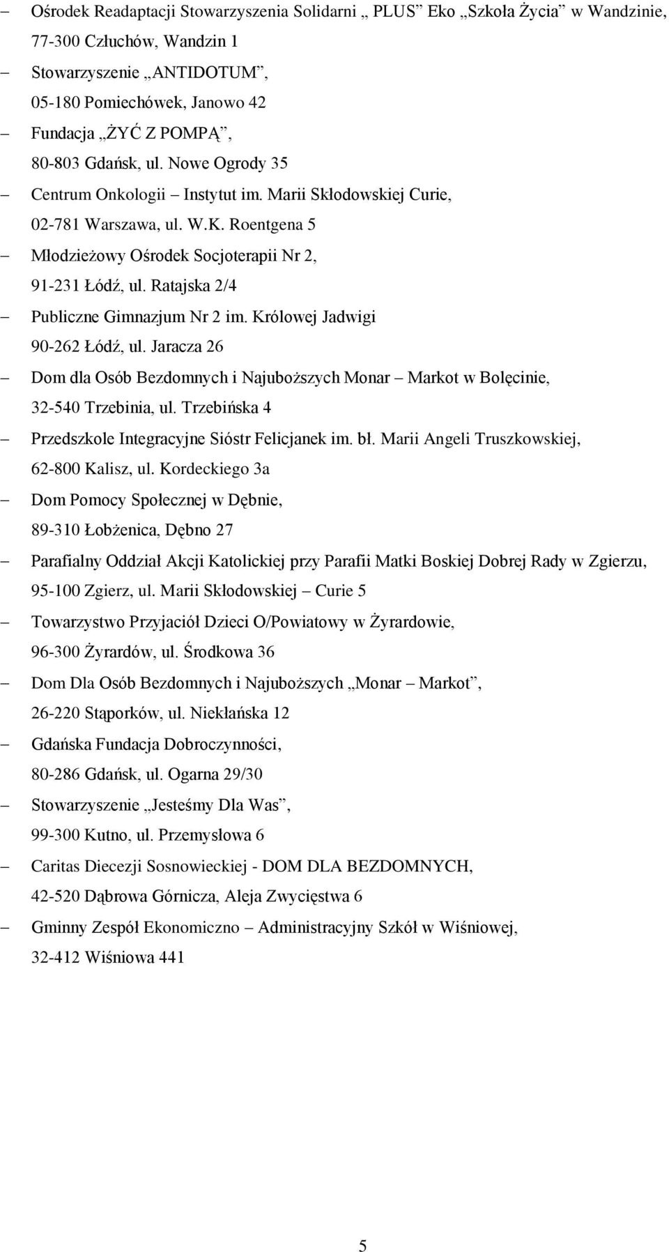 Ratajska 2/4 Publiczne Gimnazjum Nr 2 im. Królowej Jadwigi 90-262 Łódź, ul. Jaracza 26 Dom dla Osób Bezdomnych i Najuboższych Monar Markot w Bolęcinie, 32-540 Trzebinia, ul.