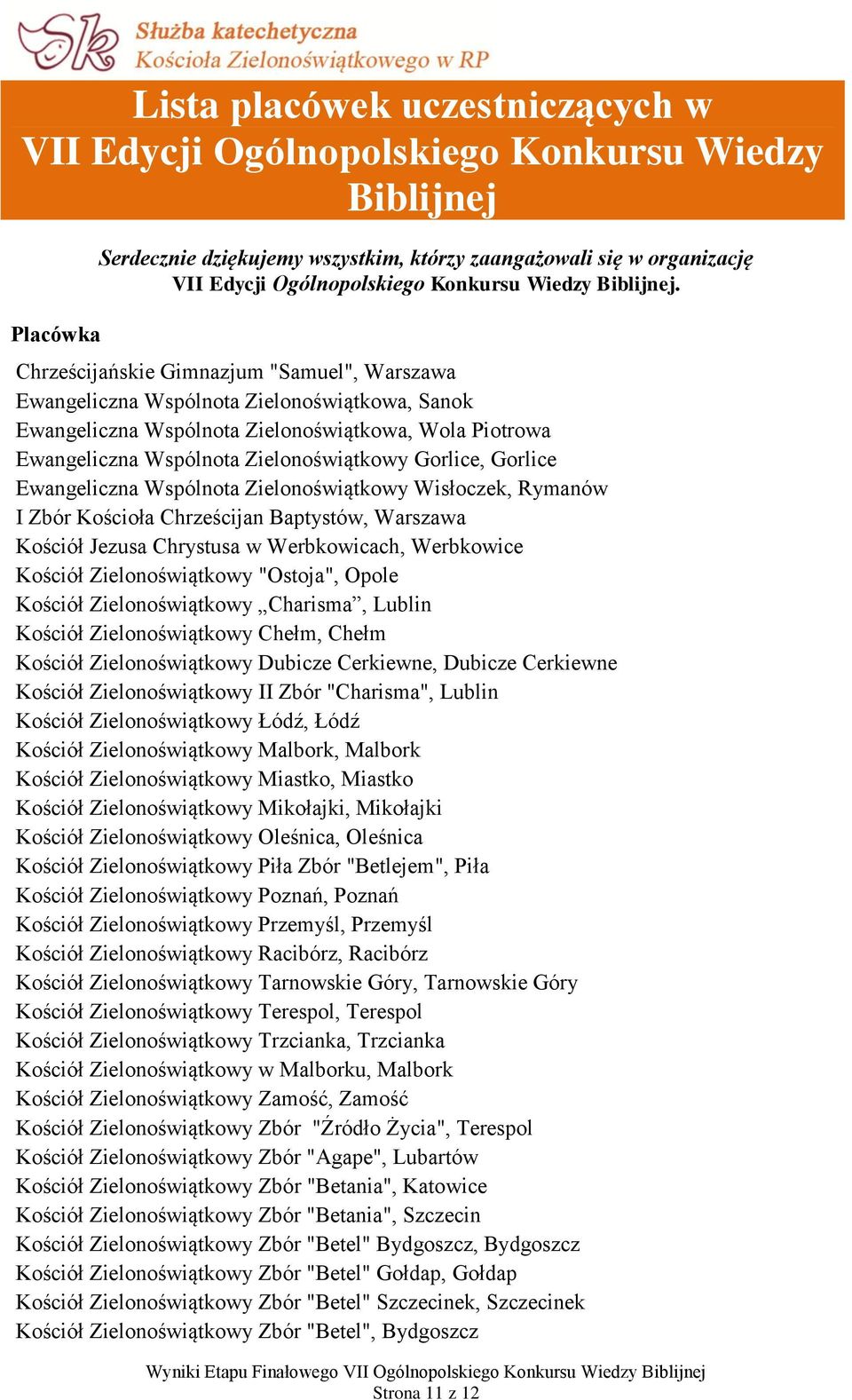 Chrześcijańskie Gimnazjum "Samuel", Warszawa, Sanok, Wola Piotrowa Zielonoświątkowy Gorlice, Gorlice Zielonoświątkowy Wisłoczek, Rymanów I Zbór Kościoła Chrześcijan Baptystów, Warszawa Kościół Jezusa