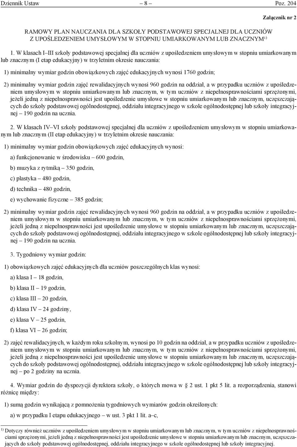 zjęć edukcyjnych wynosi 1760 godzin; 2) minimlny wymir godzin zjęć rewlidcyjnych wynosi 960 godzin n oddził, w przypdku uczniów z upośledzeniem umysłowym w stopniu umirkownym lub zncznym, w tym