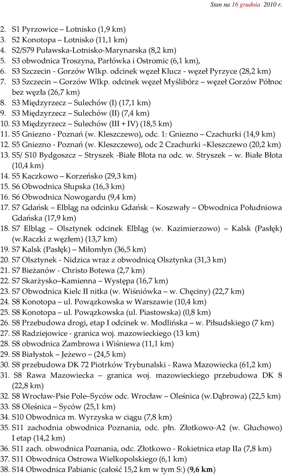 S3 Międzyrzecz Sulechów (I) (17,1 km) 9. S3 Międzyrzecz Sulechów (II) (7,4 km) 10. S3 Międzyrzecz Sulechów (III + IV) (18,5 km) 11. S5 Gniezno - Poznań (w. Kleszczewo), odc.