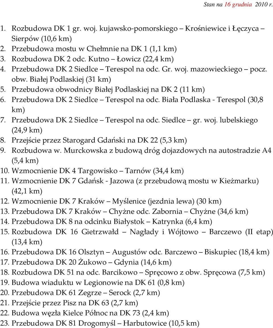 Przebudowa DK 2 Siedlce Terespol na odc. Biała Podlaska - Terespol (30,8 km) 7. Przebudowa DK 2 Siedlce Terespol na odc. Siedlce gr. woj. lubelskiego (24,9 km) 8.