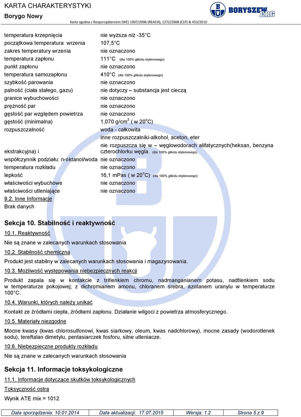 gęstość (minimalna) 1,070 g/cm 3 ( w 20 o C) rozpuszczalność ekstrakcyjna) i woda - całkowita współczynnik podziału: n-oktanol/woda temperatura rozkładu lepkość właściwości wybuchowe właściwości