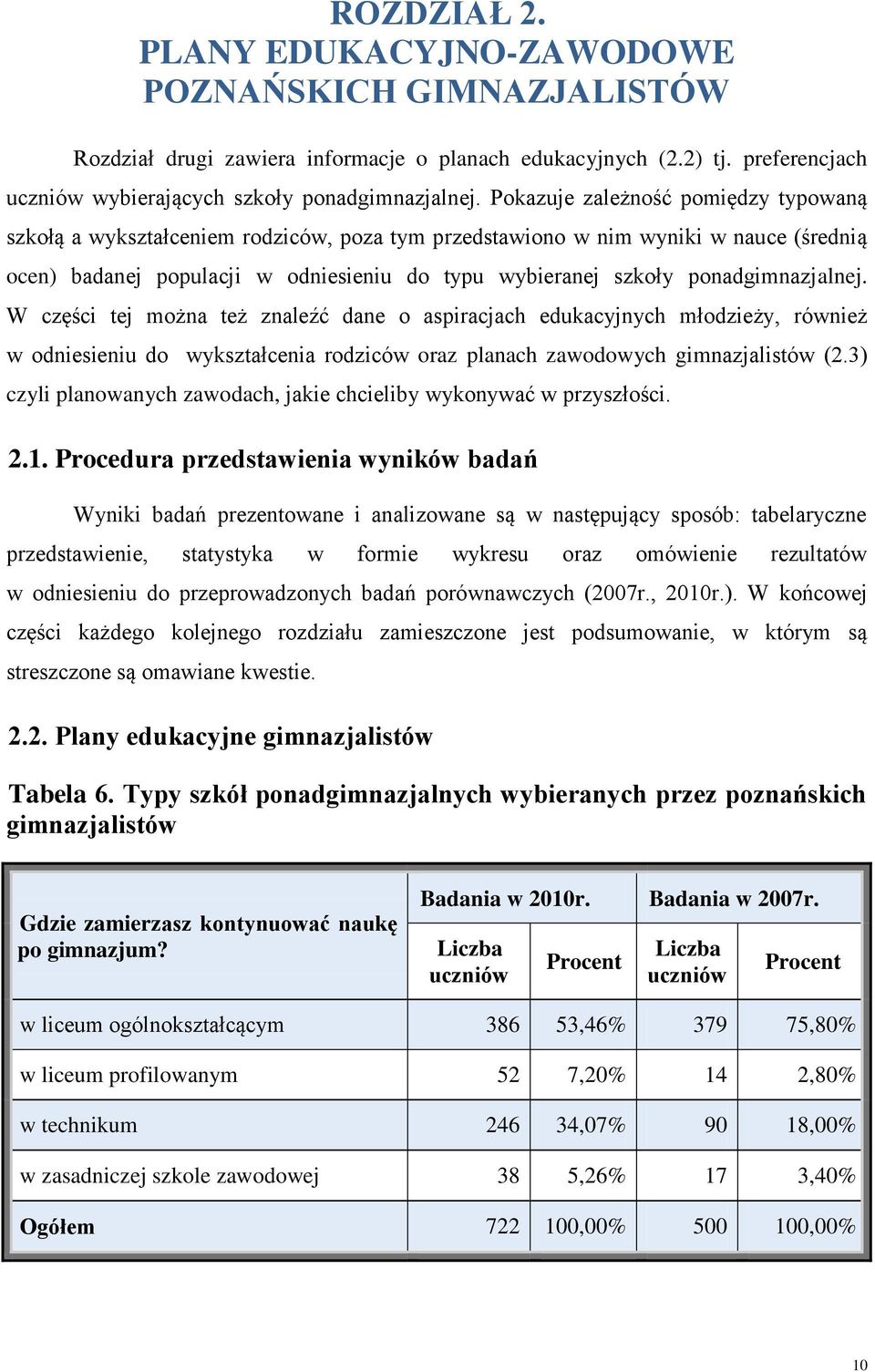 ponadgimnazjalnej. W części tej można też znaleźć dane o aspiracjach edukacyjnych młodzieży, również w odniesieniu do wykształcenia rodziców oraz planach zawodowych gimnazjalistów (2.