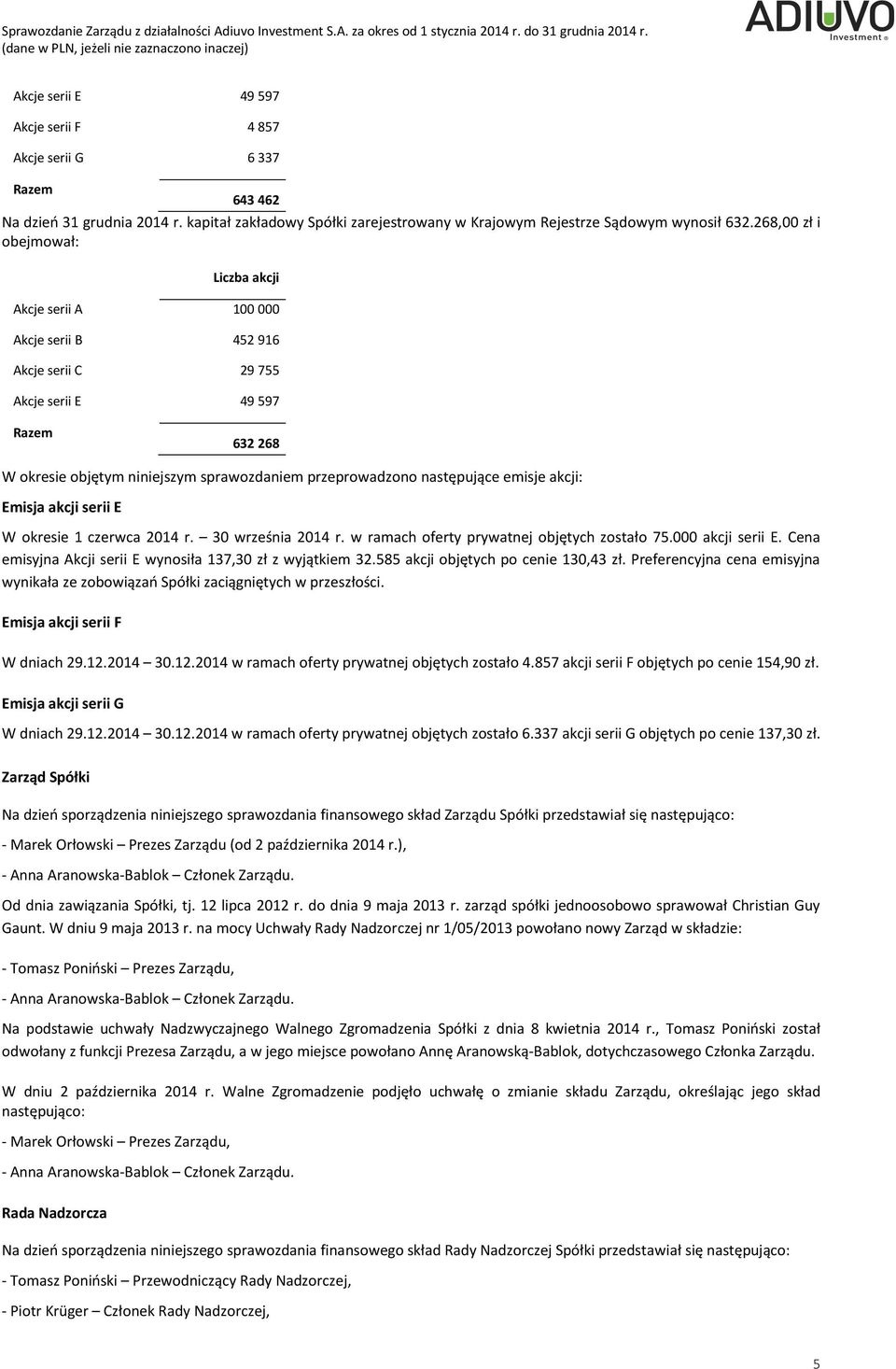 następujące emisje akcji: Emisja akcji serii E W okresie 1 czerwca 2014 r. 30 września 2014 r. w ramach oferty prywatnej objętych zostało 75.000 akcji serii E.