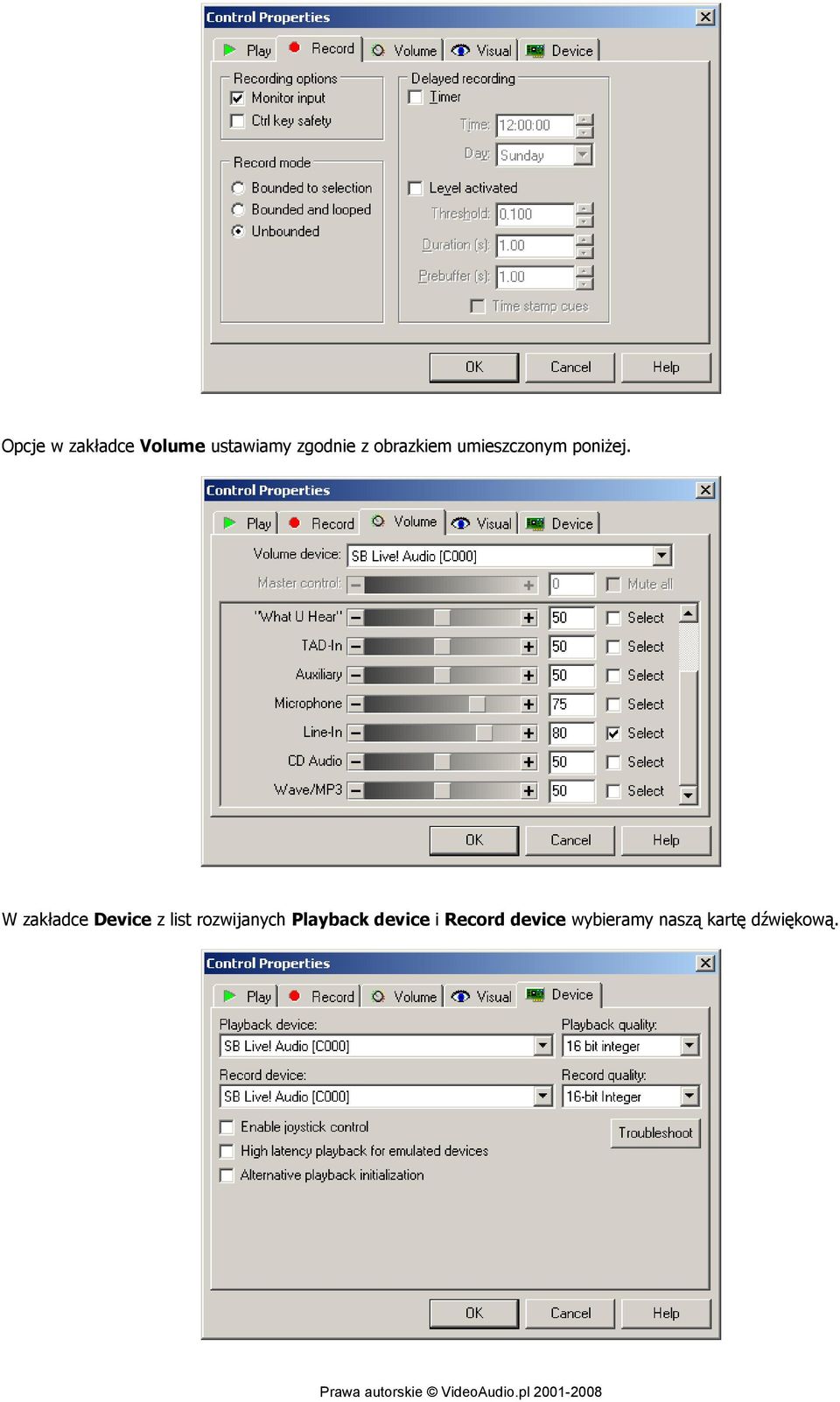 W zakładce Device z list rozwijanych