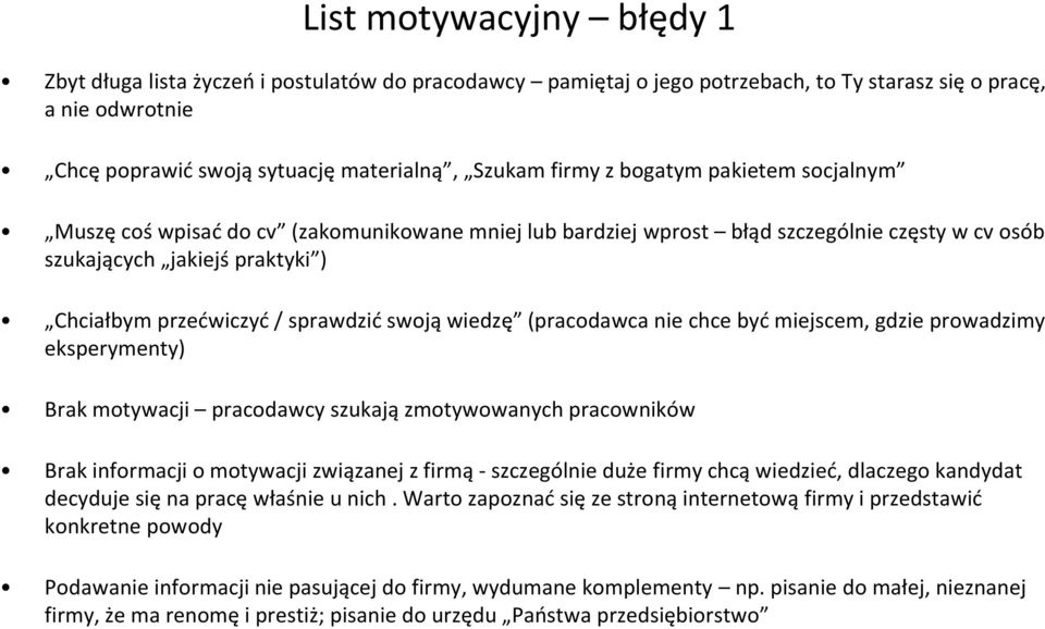 swoją wiedzę (pracodawca nie chce być miejscem, gdzie prowadzimy eksperymenty) Brak motywacji pracodawcy szukają zmotywowanych pracowników Brak informacji o motywacji związanej z firmą - szczególnie