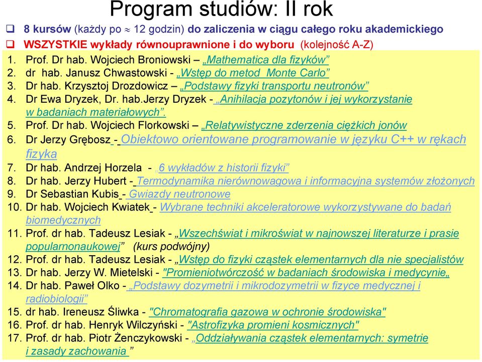 5. Prof. Dr hab. Wojciech Florkowski Relatywistyczne zderzenia ciężkich jonów 6. Dr Jerzy Grębosz - Obiektowo orientowane programowanie w języku C++ w rękach fizyka 7. Dr hab. Andrzej Horzela - 6 wykładów z historii fizyki 8.