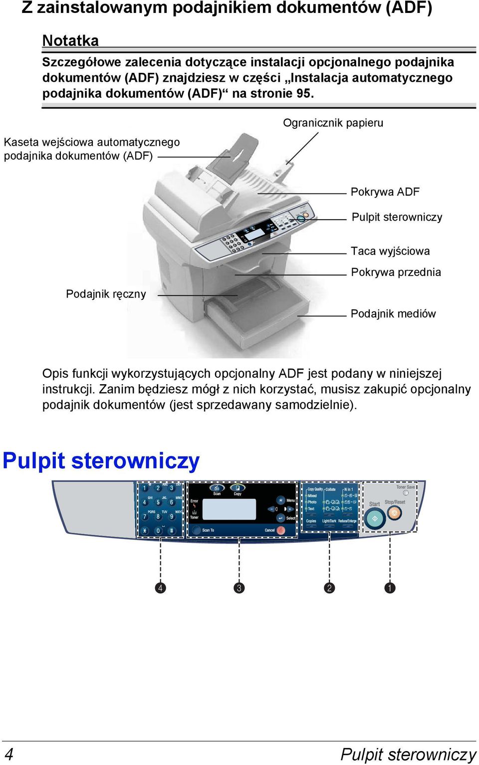 Kaseta wejściowa automatycznego podajnika dokumentów (ADF) Ogranicznik papieru Pokrywa ADF Pulpit sterowniczy Taca wyjściowa Pokrywa przednia Podajnik ręczny