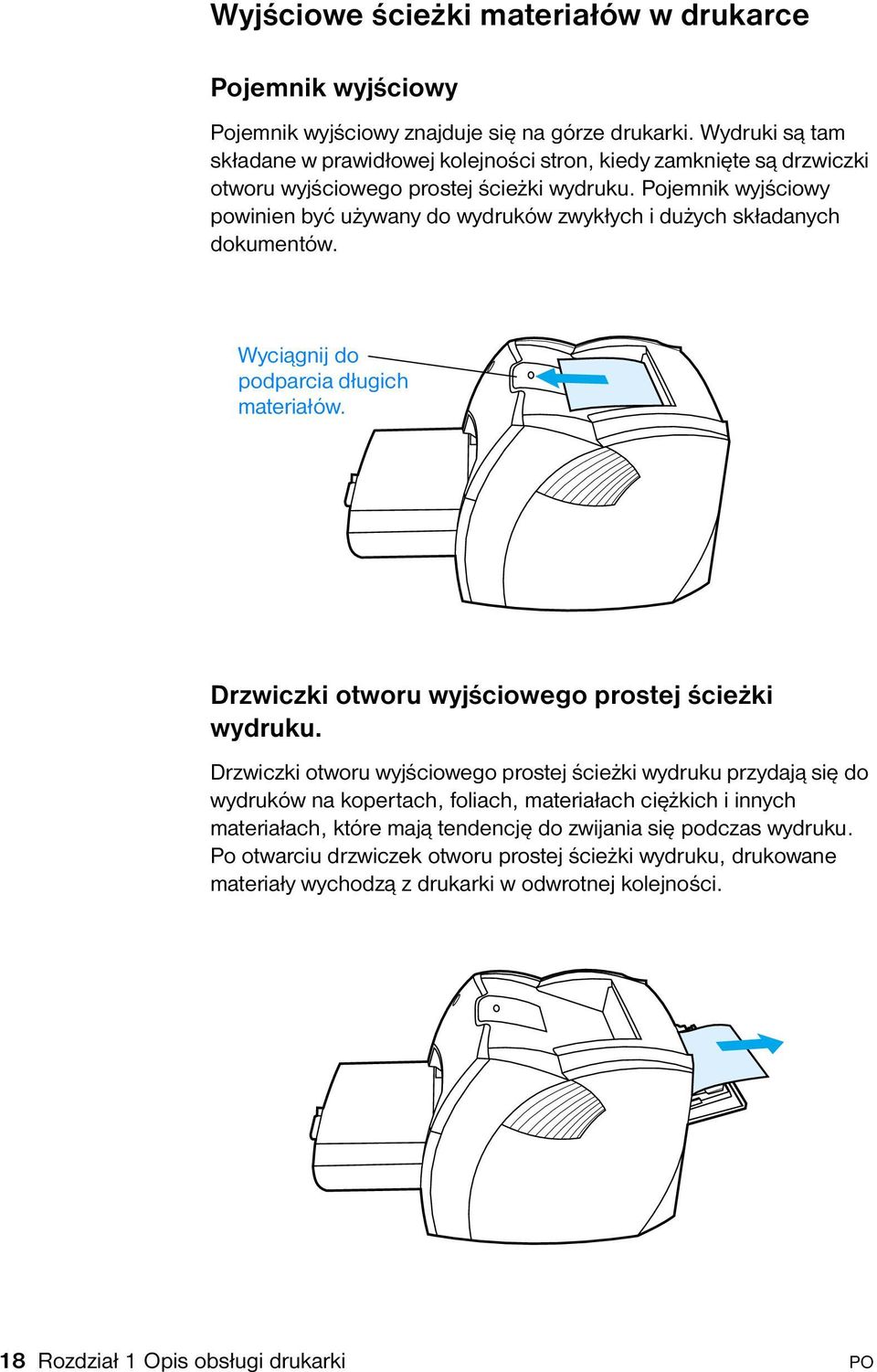 Pojemnik wyjściowy powinien być używany do wydruków zwykłych i dużych składanych dokumentów. Wyciągnij do podparcia długich materiałów. Drzwiczki otworu wyjściowego prostej ścieżki wydruku.