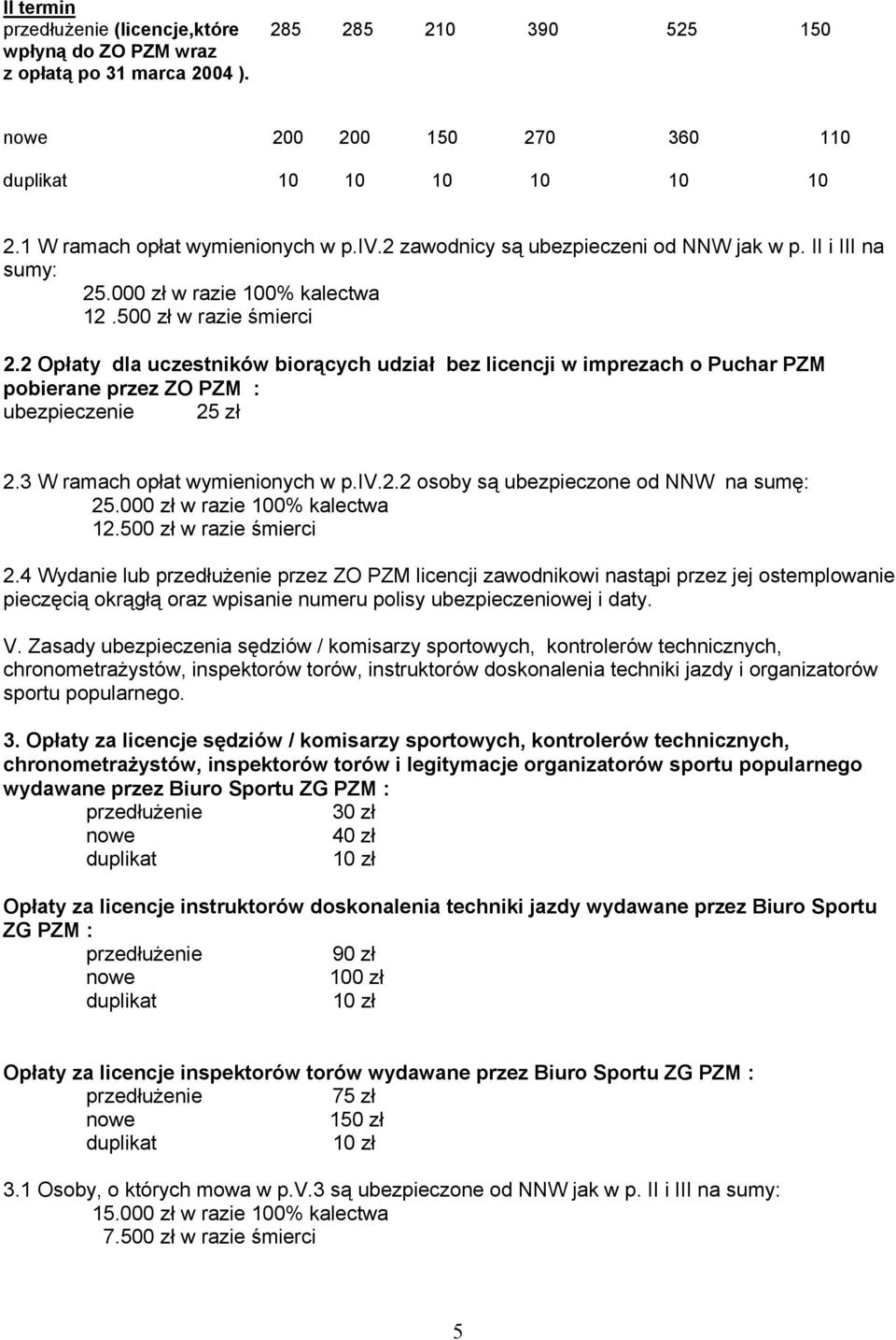 2 Opłaty dla uczestników biorących udział bez licencji w imprezach o Puchar PZM pobierane przez ZO PZM : ubezpieczenie 25 zł 2.3 W ramach opłat wymienionych w p.iv.2.2 osoby są ubezpieczone od NNW na sumę: 12.