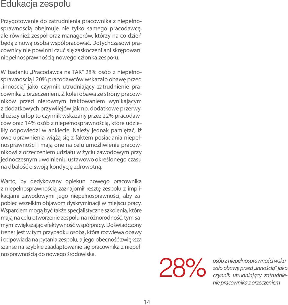 W badaniu Pracodawca na TAK 28% osób z niepełnosprawnością i 20% pracodawców wskazało obawę przed innością jako czynnik utrudniający zatrudnienie pracownika z orzeczeniem.