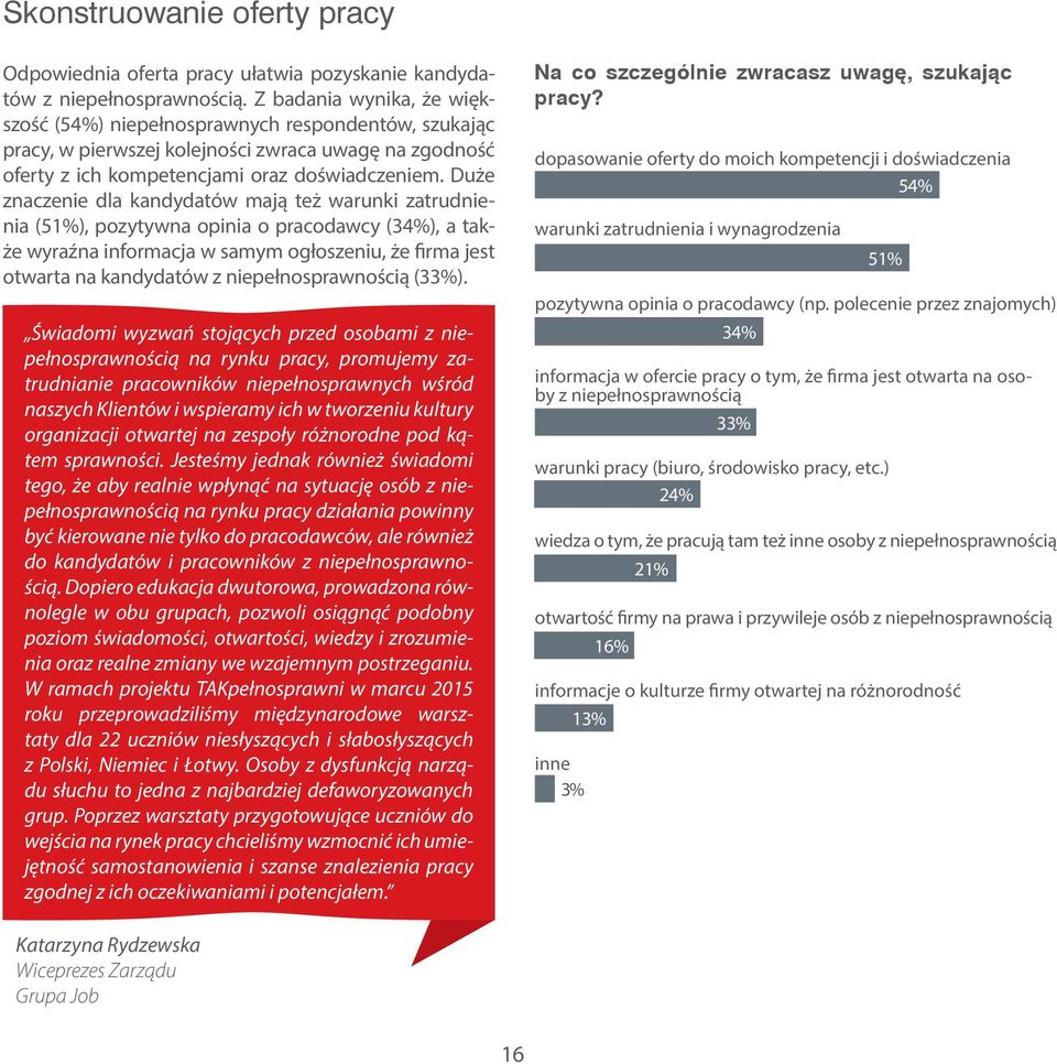 Duże znaczenie dla kandydatów mają też warunki zatrudnienia (51%), pozytywna opinia o pracodawcy (34%), a także wyraźna informacja w samym ogłoszeniu, że firma jest otwarta na kandydatów z