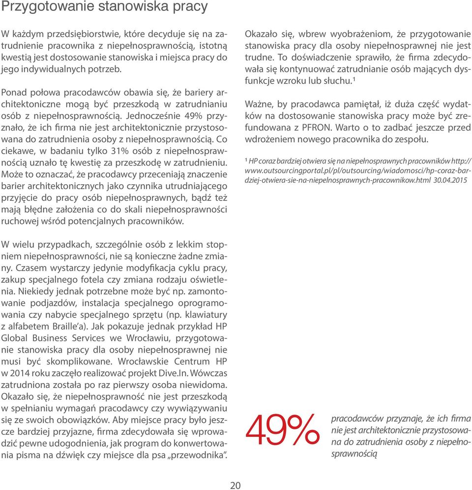 Jednocześnie 49% przyznało, że ich firma nie jest architektonicznie przystosowana do zatrudnienia osoby z niepełnosprawnością.