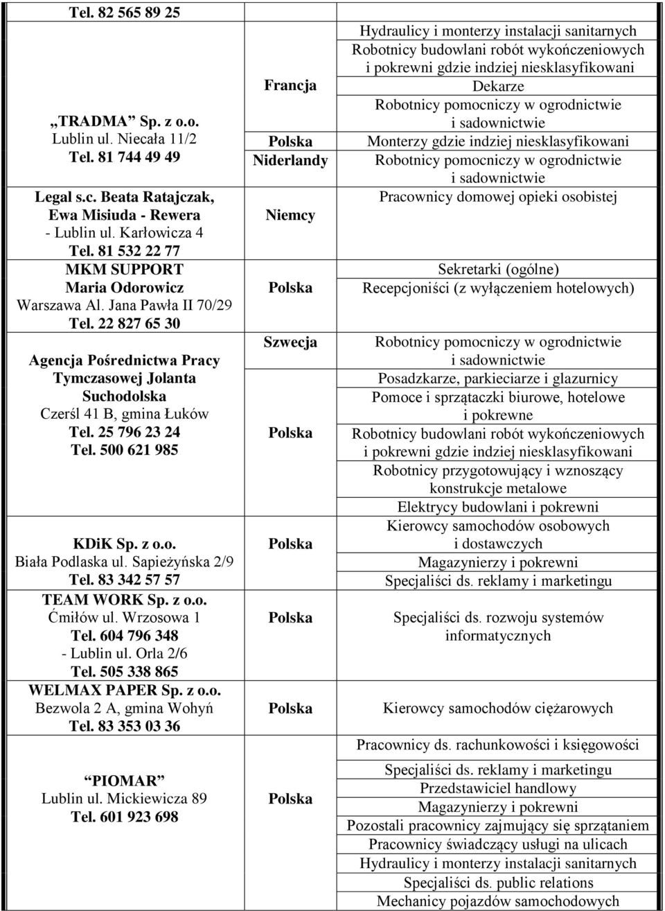 500 621 985 KDiK Sp. z o.o. Biała Podlaska ul. Sapieżyńska 2/9 Tel. 83 342 57 57 TEAM WORK Sp. z o.o. Ćmiłów ul. Wrzosowa 1 Tel. 604 796 348 - Lublin ul. Orla 2/6 Tel. 505 338 865 WELMAX PAPER Sp.