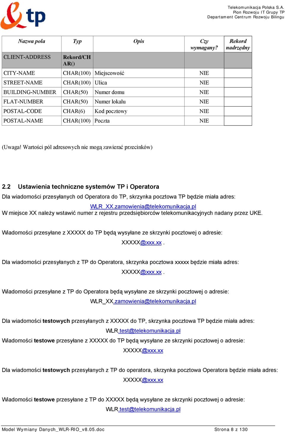 2 Ustawienia techniczne systemów TP i Operatora Dla wiadomości przesyłanych od Operatora do TP, skrzynka pocztowa TP będzie miała adres: WLR_XX.zamowienia@telekomunikacja.