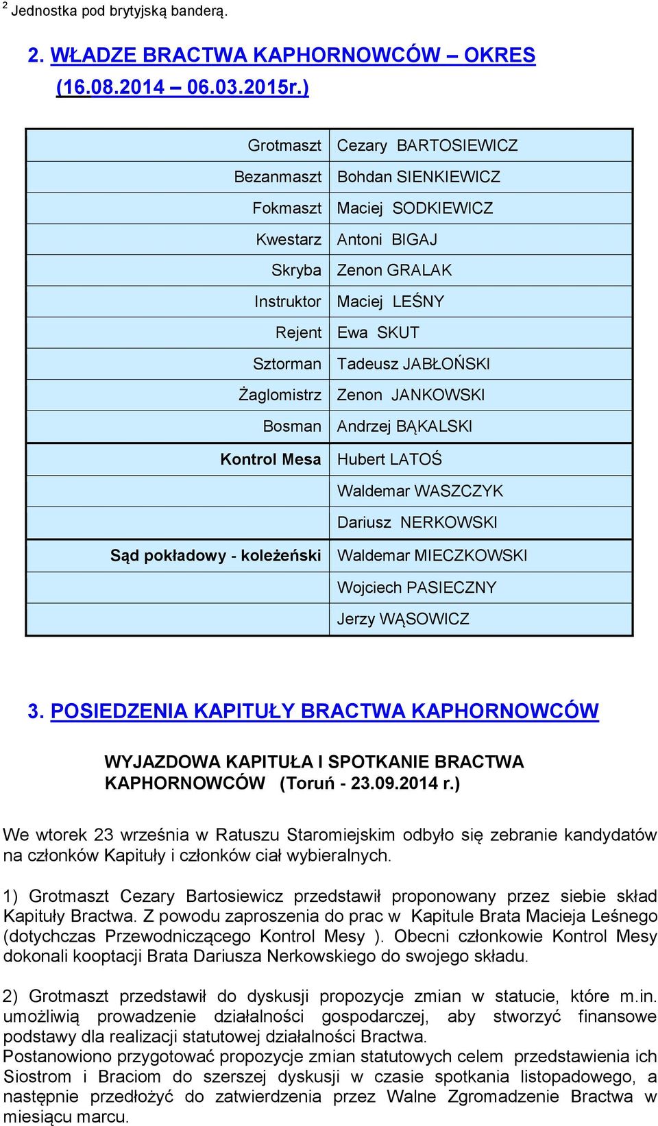 Żaglomistrz Zenon JANKOWSKI Bosman Andrzej BĄKALSKI Kontrol Mesa Hubert LATOŚ Waldemar WASZCZYK Dariusz NERKOWSKI Sąd pokładowy - koleżeński Waldemar MIECZKOWSKI Wojciech PASIECZNY Jerzy WĄSOWICZ 3.