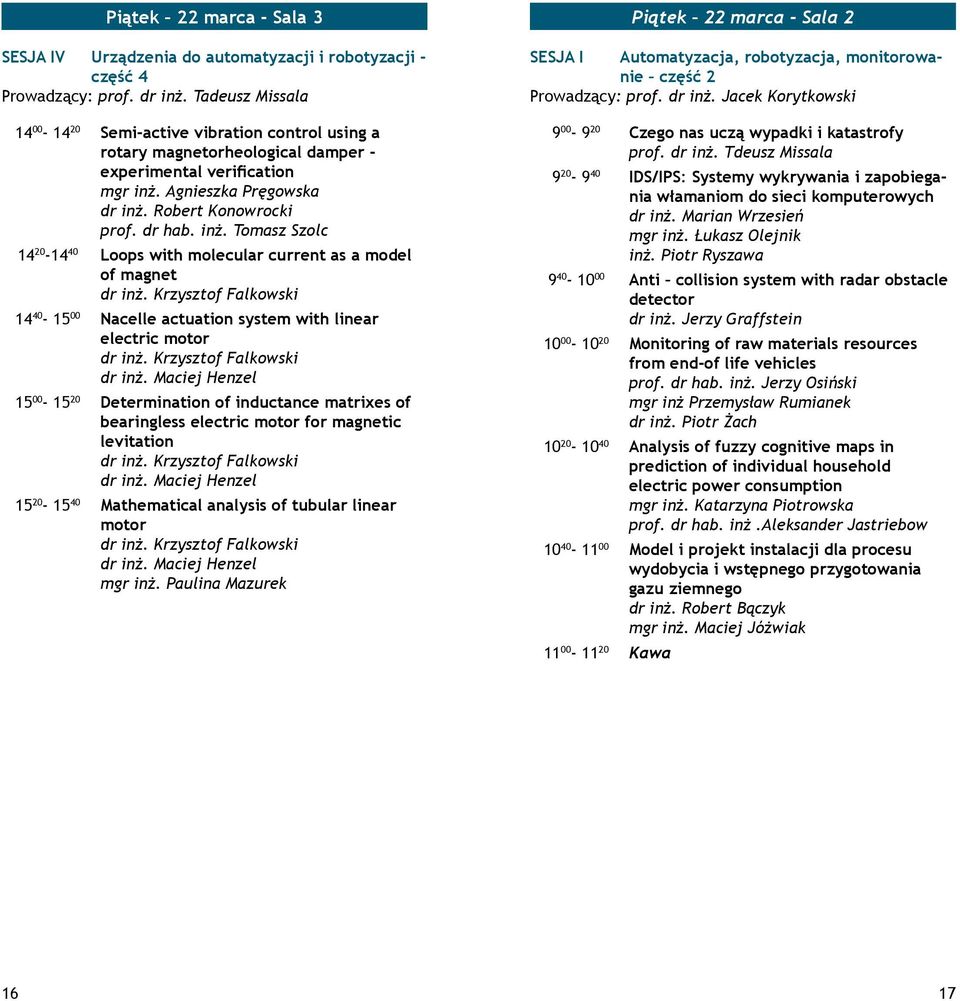 Agnieszka Pręgowska dr inż. Robert Konowrocki prof. dr hab. inż. Tomasz Szolc 14 20-14 40 Loops with molecular current as a model of magnet dr inż.