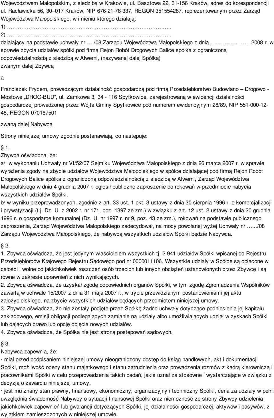 /08 Zarządu Województwa Małopolskiego z dnia. 2008 r.