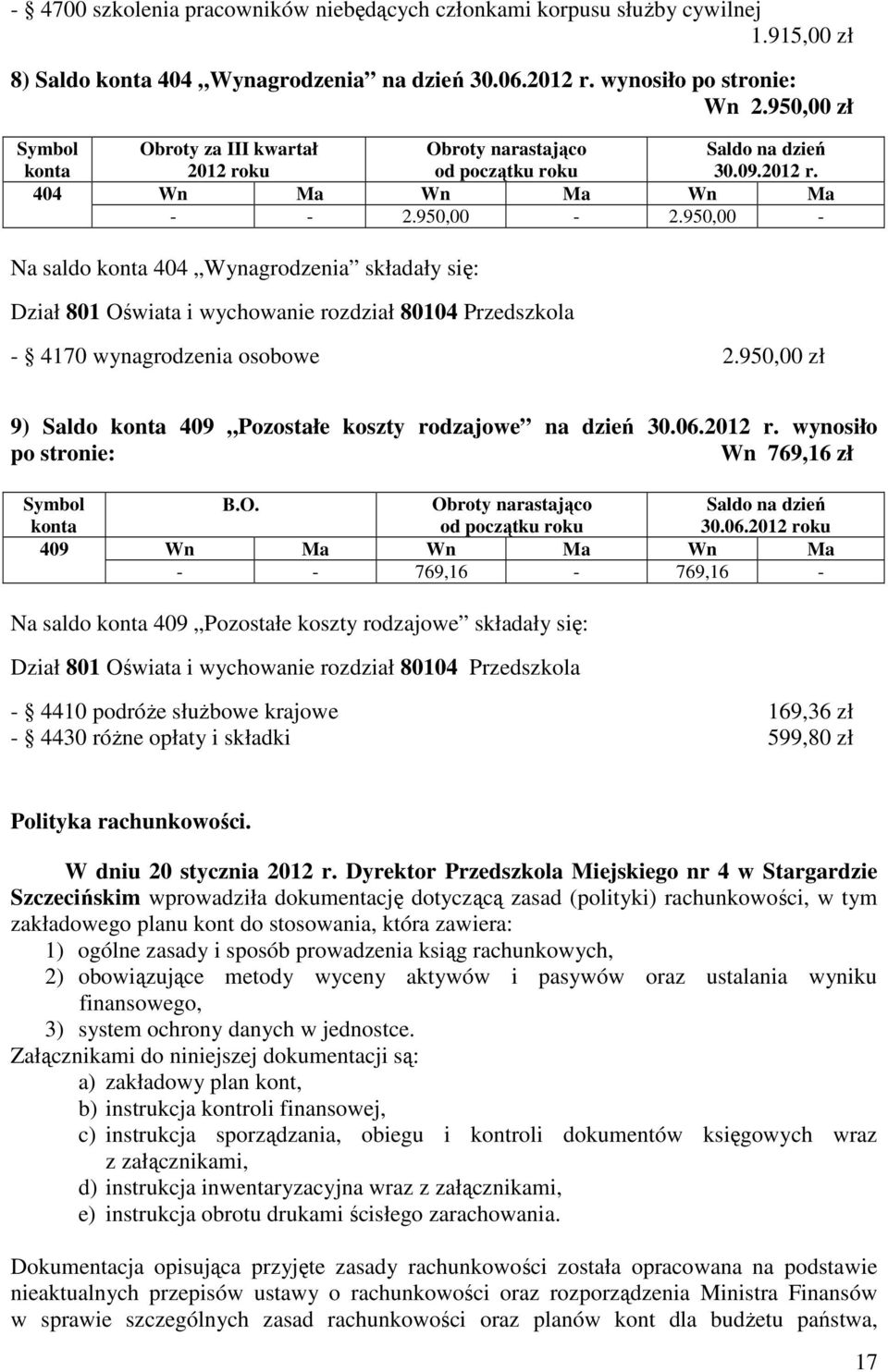 95 zł 9) Saldo 409 Pozostałe koszty rodzajowe na dzień 30.06.