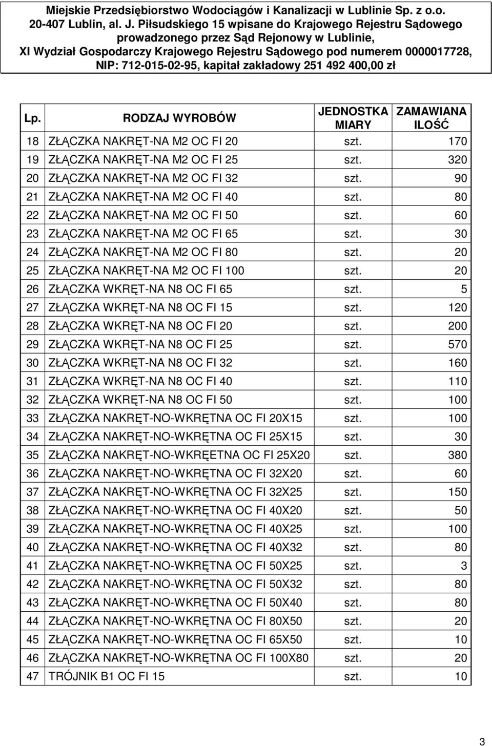 20 25 ZŁĄCZKA NAKRĘT-NA M2 OC FI 100 szt. 20 26 ZŁĄCZKA WKRĘT-NA N8 OC FI 65 szt. 5 27 ZŁĄCZKA WKRĘT-NA N8 OC FI 15 szt. 120 28 ZŁĄCZKA WKRĘT-NA N8 OC FI 20 szt.