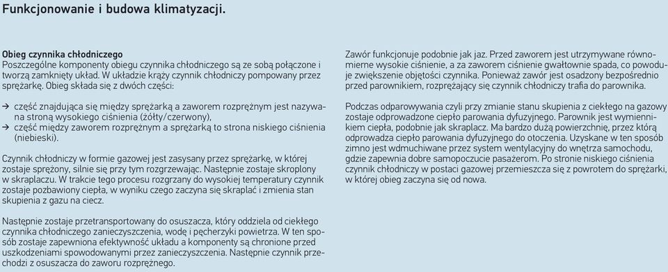 Obieg składa się z dwóch części: część znajdująca się między sprężarką a zaworem rozprężnym jest nazywana stroną wysokiego ciśnienia (żółty/czerwony), część między zaworem rozprężnym a sprężarką to