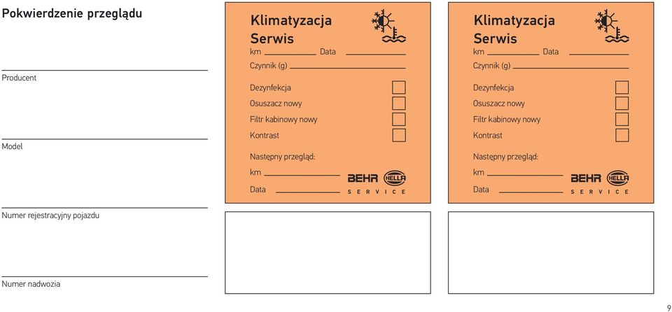 Klimatyzacja Serwis Czynnik (g)  Numer rejestracyjny pojazdu Numer