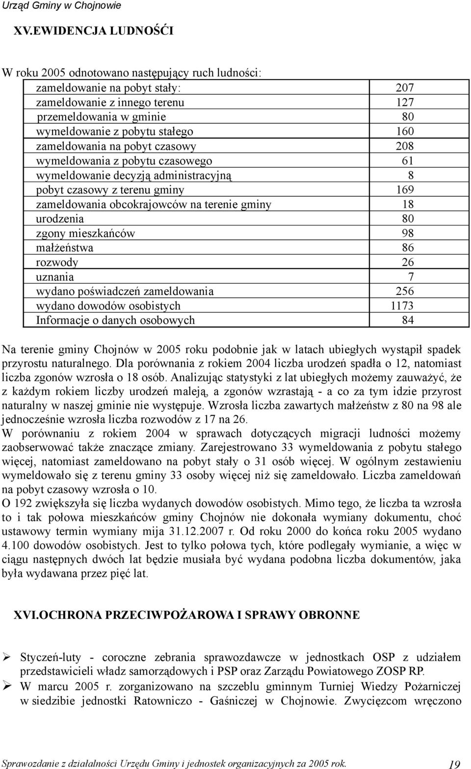 80 zgony mieszkańców 98 małżeństwa 86 rozwody 26 uznania 7 wydano poświadczeń zameldowania 256 wydano dowodów osobistych 1173 Informacje o danych osobowych 84 Na terenie gminy Chojnów w 2005 roku