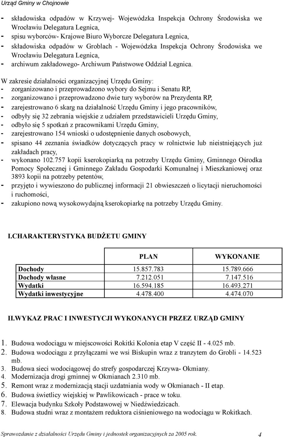 W zakresie działalności organizacyjnej Urzędu Gminy: - zorganizowano i przeprowadzono wybory do Sejmu i Senatu RP, - zorganizowano i przeprowadzono dwie tury wyborów na Prezydenta RP, -