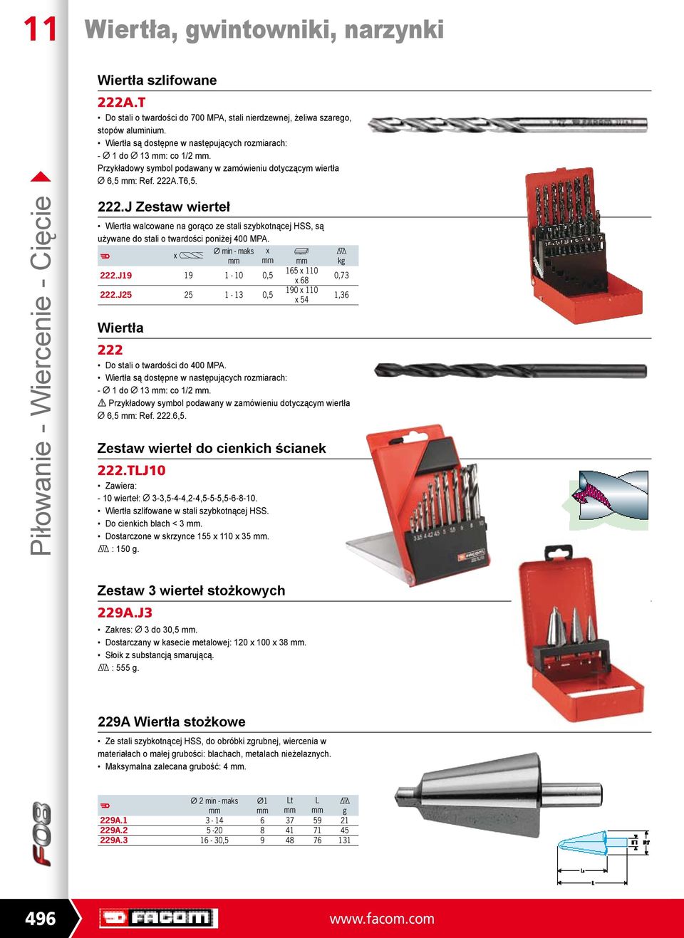 J Zestaw wierteł Wiertła walcowane na orąco ze stali szybkotnącej HSS, są używane do stali o twardości poniżej 400 MPA. x f d min - maks x 222.J19 19 1-10 0,5 222.