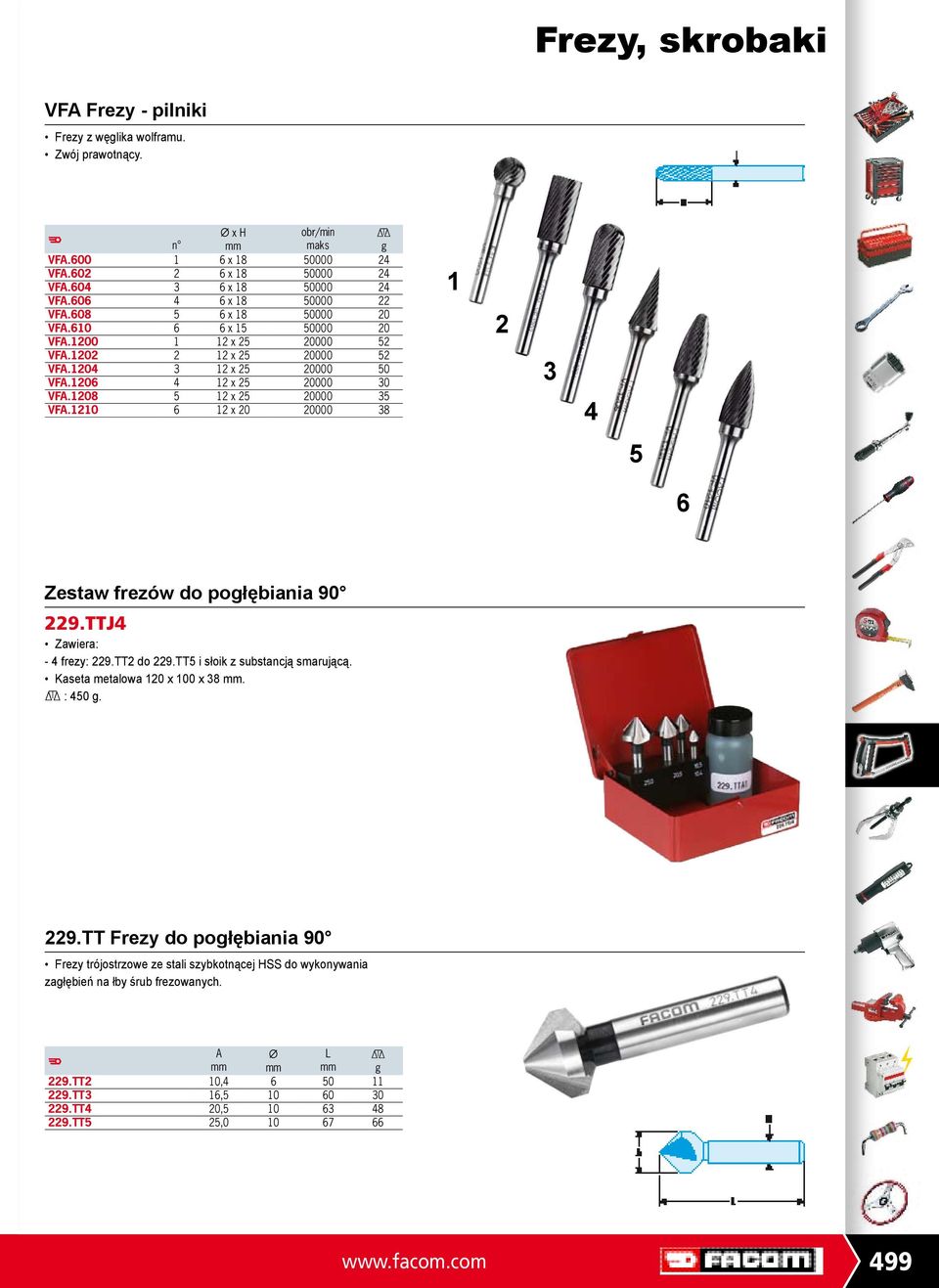 1210 6 12 x 20 20000 38 1 2 3 4 5 6 Zestaw frezów do połębiania 90 229.TTJ4 Zawiera: - 4 frezy: 229.TT2 do 229.TT5 i słoik z substancją smarującą. Kaseta metalowa 120 x 100 x 38. : 450. 229.TT rezy do połębiania 90 rezy trójostrzowe ze stali szybkotnącej HSS do wykonywania załębień na łby śrub frezowanych.