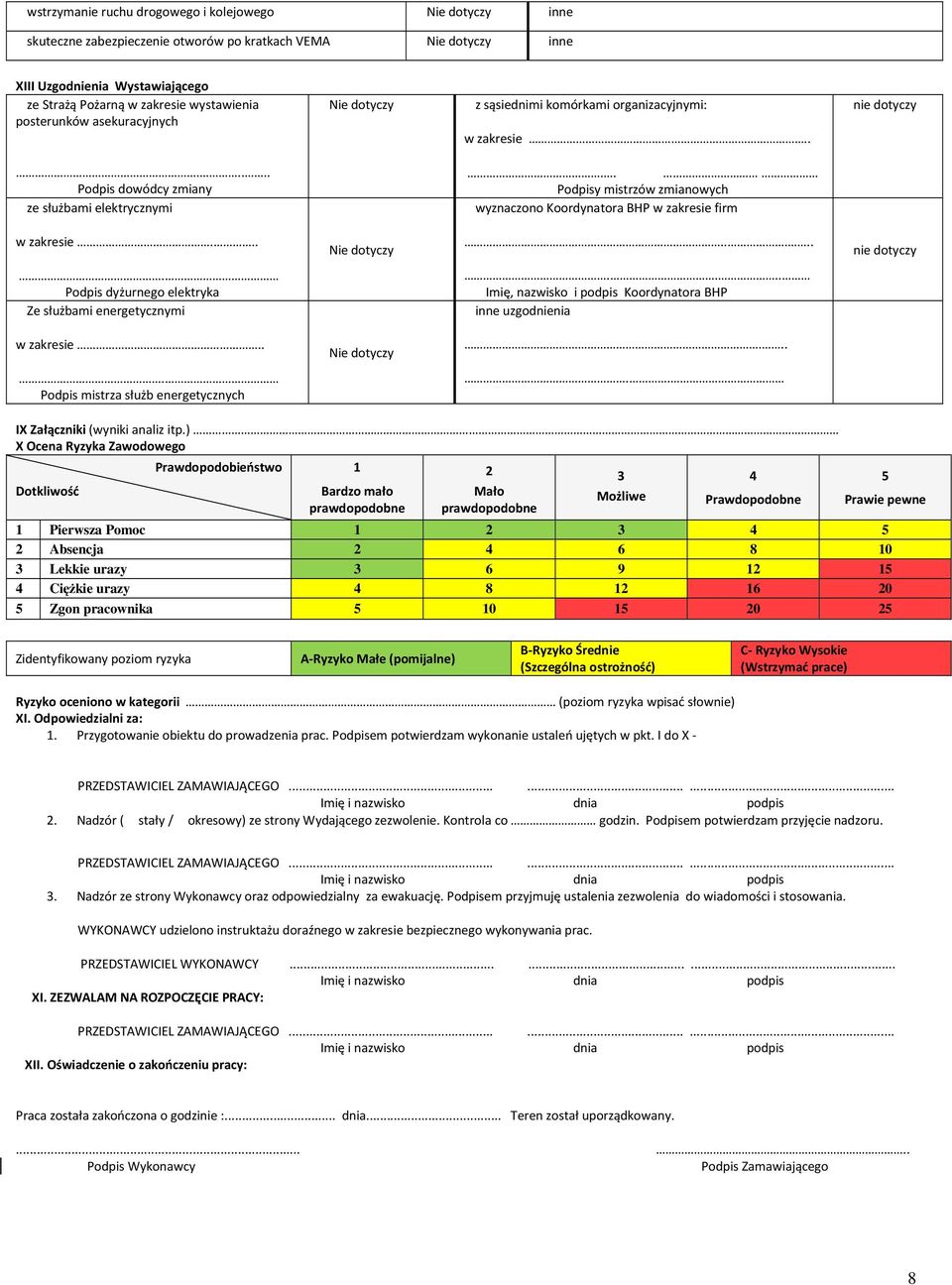 . Podpisy mistrzów zmianowych wyznaczono Koordynatora BHP w zakresie firm w zakresie... Nie dotyczy..... nie dotyczy. Podpis dyżurnego elektryka Ze służbami energetycznymi.