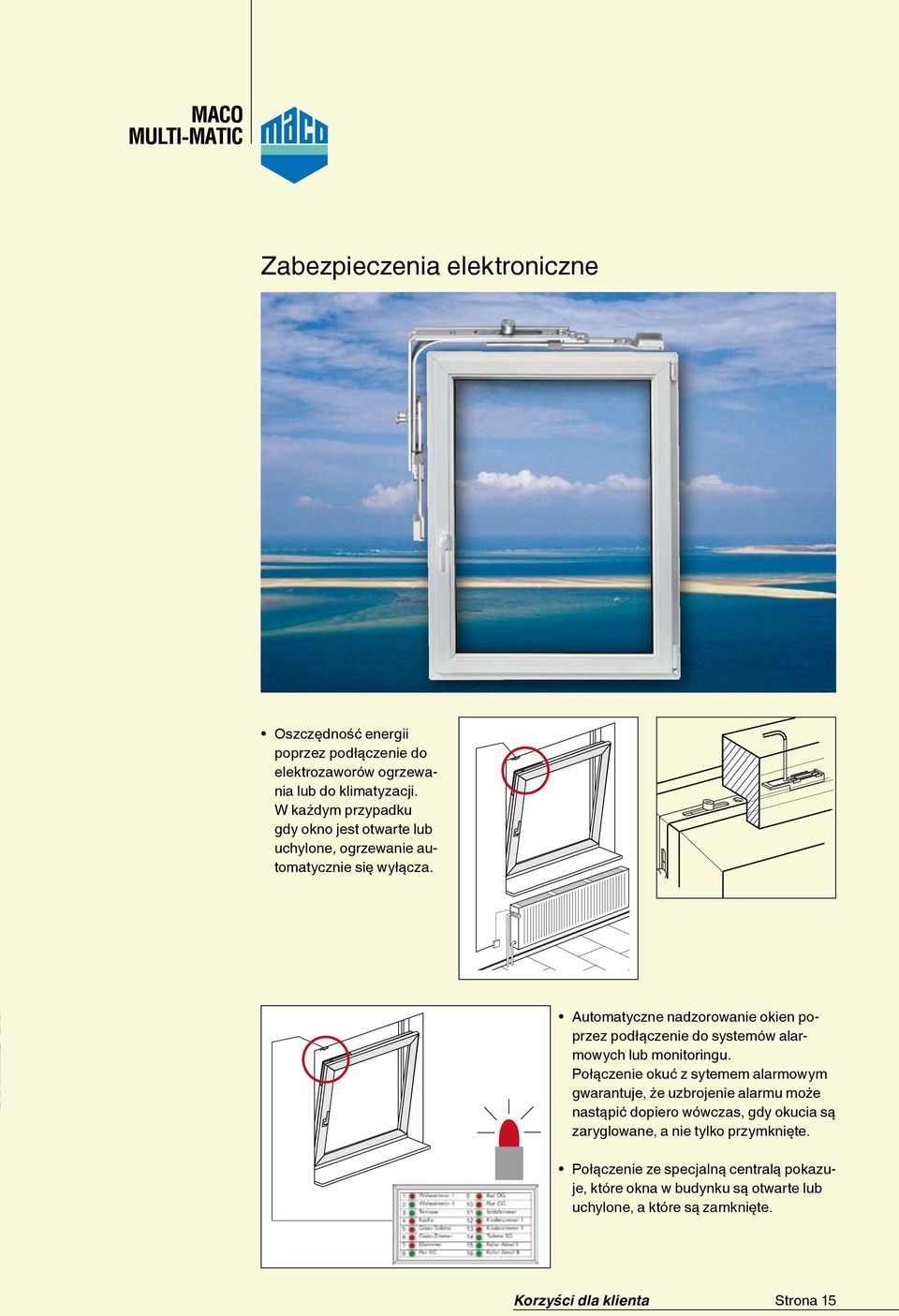 Automatyczne nadzorowanie okien poprzez podłączenie do systemów alarmowych lub monitoringu.