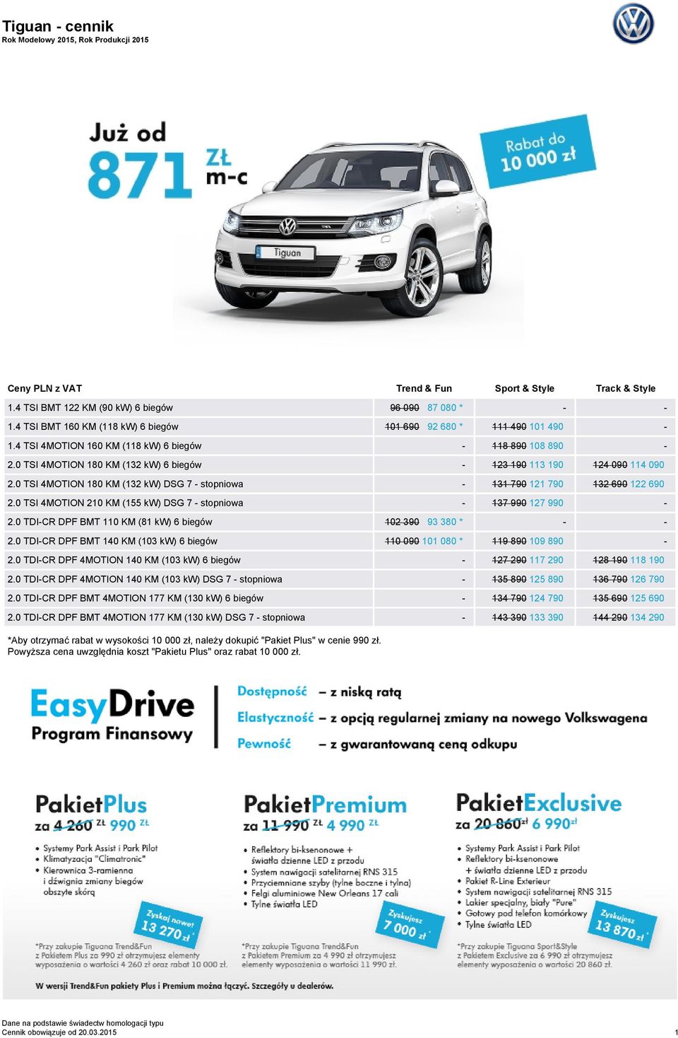 0 TSI 4MOTION 180 KM (132 kw) 6 biegów - 123 190 113 190 124 090 114 090 2.0 TSI 4MOTION 180 KM (132 kw) DSG 7 - stopniowa - 131 790 121 790 132 690 122 690 2.