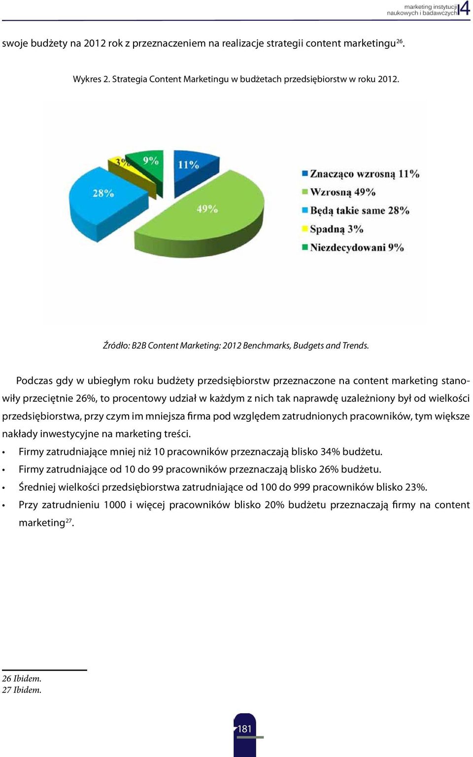 Podczas gdy w ubiegłym roku budżety przedsiębiorstw przeznaczone na content marketing stanowiły przeciętnie 26%, to procentowy udział w każdym z nich tak naprawdę uzależniony był od wielkości