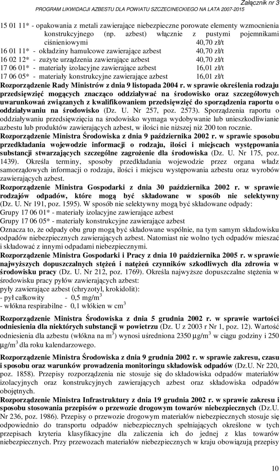 materiały izolacyjne zawierające azbest 16,01 zł/t 17 06 05* - materiały konstrukcyjne zawierające azbest 16,01 zł/t Rozporządzenie Rady Ministrów z dnia 9 listopada 2004 r.