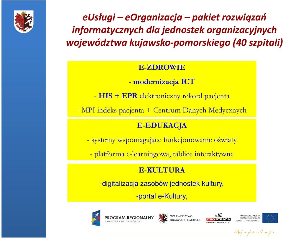 - MPI indeks pacjenta + Centrum Danych Medycznych E-EDUKACJA - systemy wspomagające funkcjonowanie oświaty