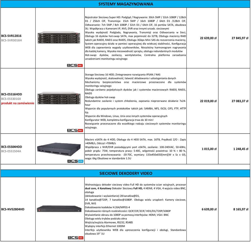 sieciowymi Wysoka wydajność Podgladu, Nagrywania, Transmisji oraz Odtwarzania w Sieci, Obsługa 16 dysków hot-swap SATA, max pojemność do 32TB, Obsługa macierzy RAID takich jak RAID0, RAID1 oraz