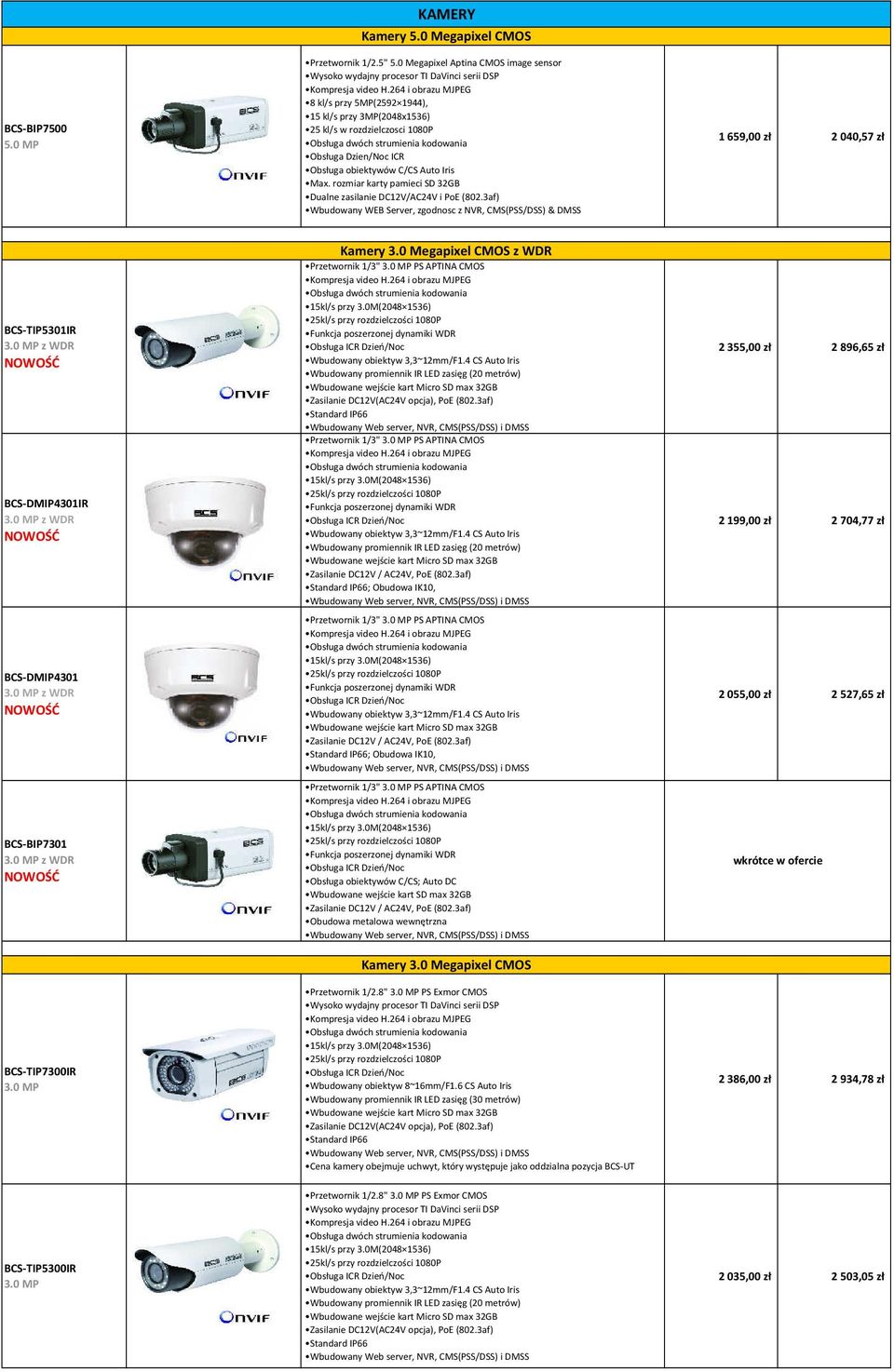 rozmiar karty pamieci SD 32GB Dualne zasilanie DC12V/AC24V i PoE (802.3af) Wbudowany WEB Server, zgodnosc z NVR, CMS(PSS/DSS) & DMSS 1 659,00 zł 2 040,57 zł BCS-TIP5301IR 3.