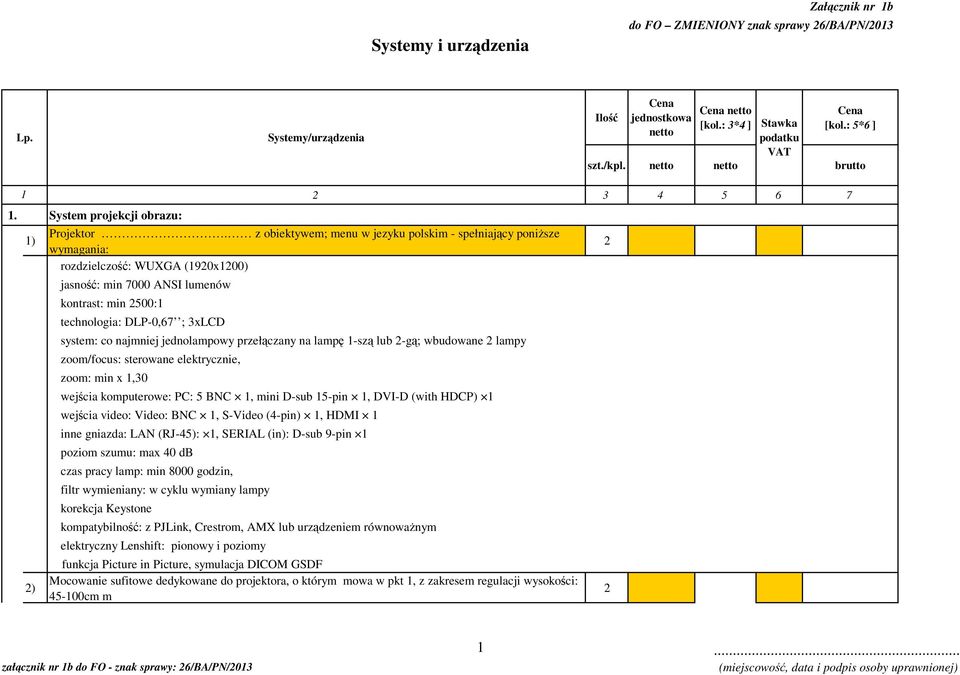 z obiektywem; menu w jezyku polskim - spełniający poniższe wymagania: rozdzielczość: WUXGA (1920x1200) jasność: min 7000 ANSI lumenów kontrast: min 2500:1 technologia: DLP-0,67 ; 3xLCD system: co