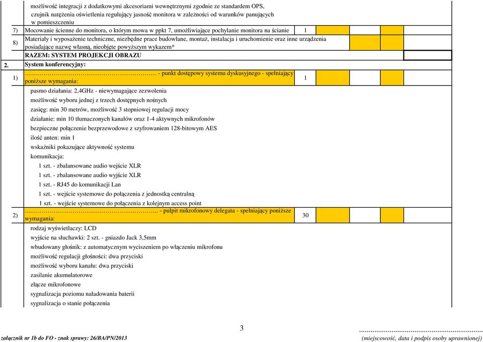 uruchomienie oraz inne urządzenia posiadające nazwę własną, nieobjęte powyższym wykazem* RAZEM: SYSTEM PROJEKCJI OBRAZU 2. System konferencyjny:.