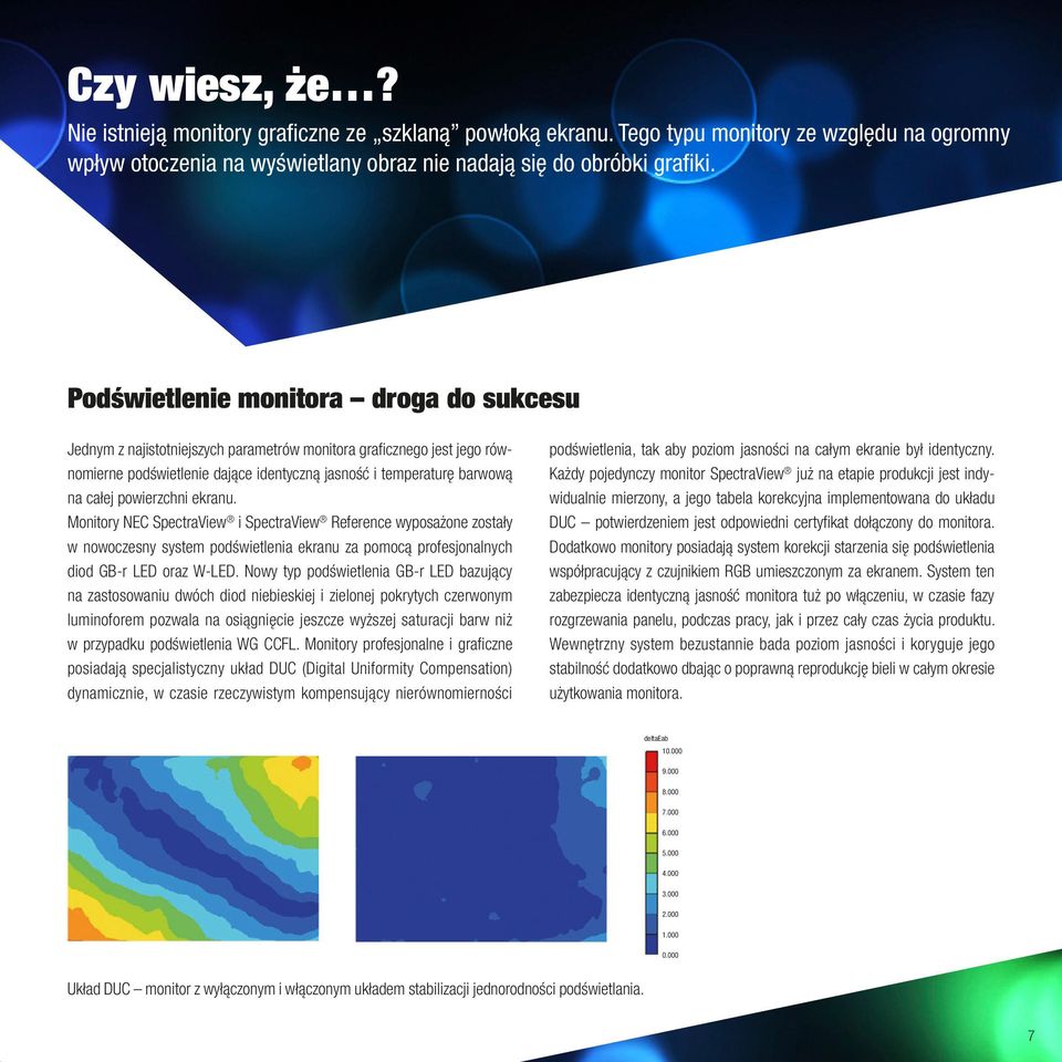 powierzchni ekranu. Monitory NEC SpectraView i SpectraView Reference wyposażone zostały w nowoczesny system podświetlenia ekranu za pomocą profesjonalnych diod GB-r LED oraz W-LED.